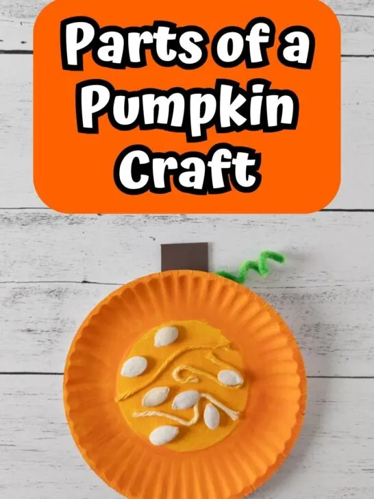 White text on orange background says Parts of a Pumpkin Craft. A finished pumpkin craft using paper plate, yarn, and seeds looks like a cross section of a pumpkin.