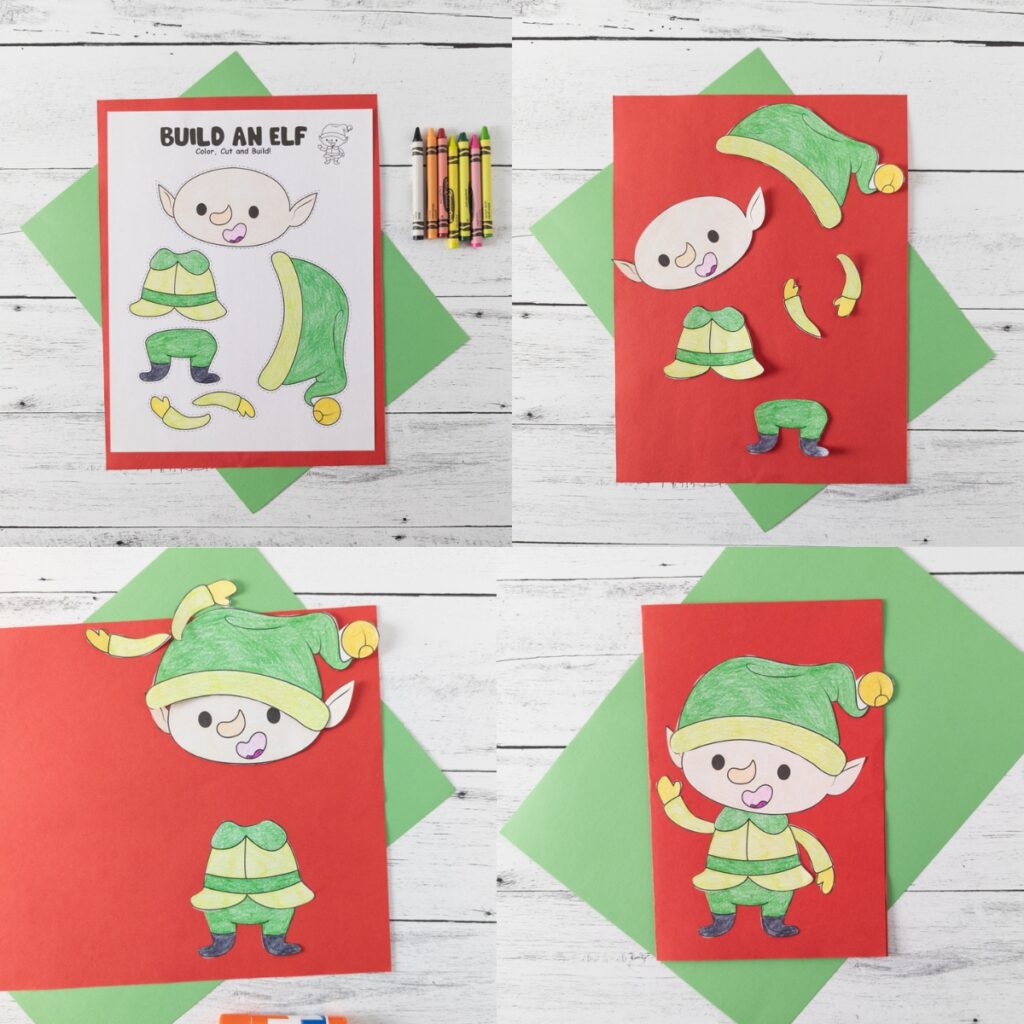 Collage of four photos showing the coloring page, elf parts cut out, gluing the body, and the completed elf on red paper.