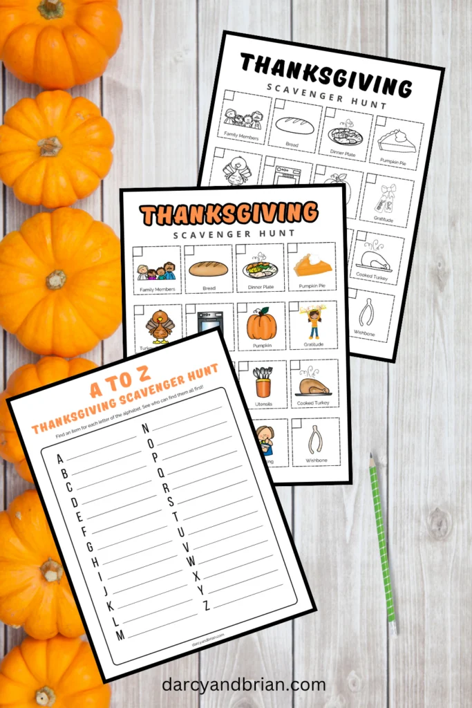 Mockup of A to Z Thanksgiving scavenger hunt page and full color and black and white Thanksgiving scavenger hunts with pictures on a background with small pumpkins on a wood table.