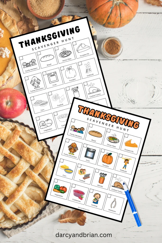 Full color version and black and white print friendly version Thanksgiving scavenger hunt printable mockups. They are on a background with pies and other fall foods.