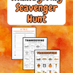 Preview of three pages of Thanksgiving scavenger hunt printables on an orange-ish background. Near the top text on white background says Thanksgiving Scavenger Hunt.