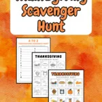 Preview of three pages of Thanksgiving scavenger hunt printables on an orange-ish background. Near the top text on white background says Thanksgiving Scavenger Hunt.