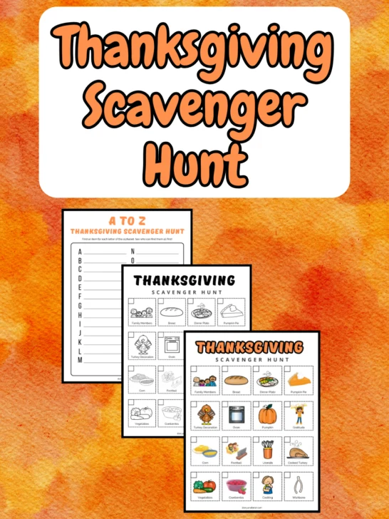 Preview of three pages of Thanksgiving scavenger hunt printables on an orange-ish background. Near the top text on white background says Thanksgiving Scavenger Hunt.