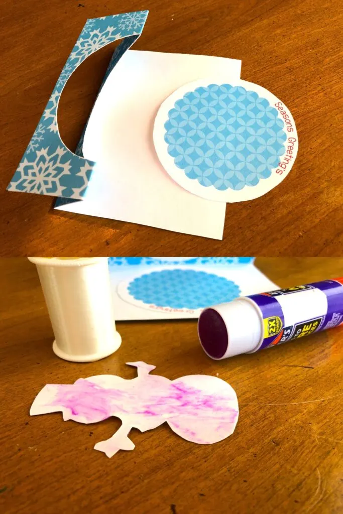 Top image showing the circle cut out and the bottom image showing glue and the fishing line on the back of the snowman piece.