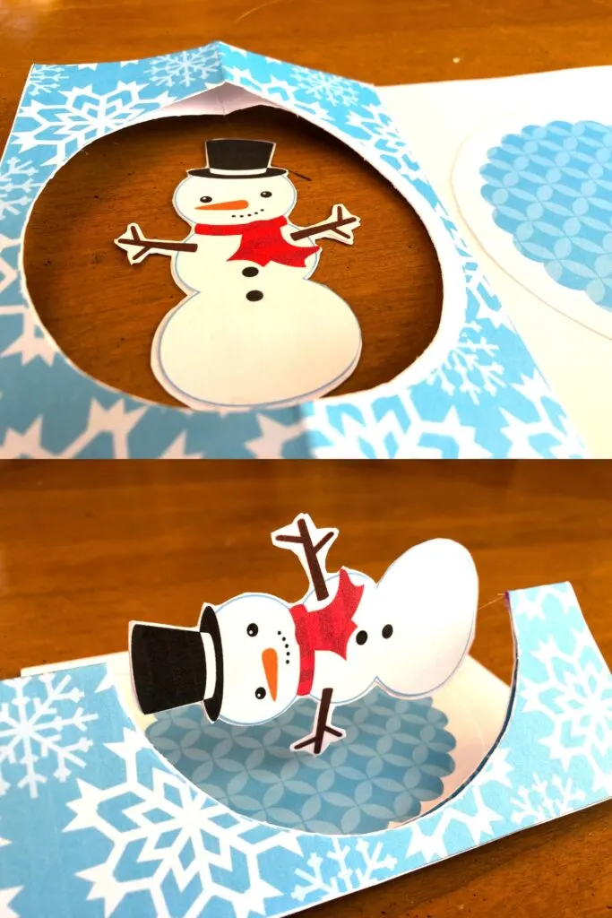 Showing how to position the fishing line and snowman to create a spinning card.