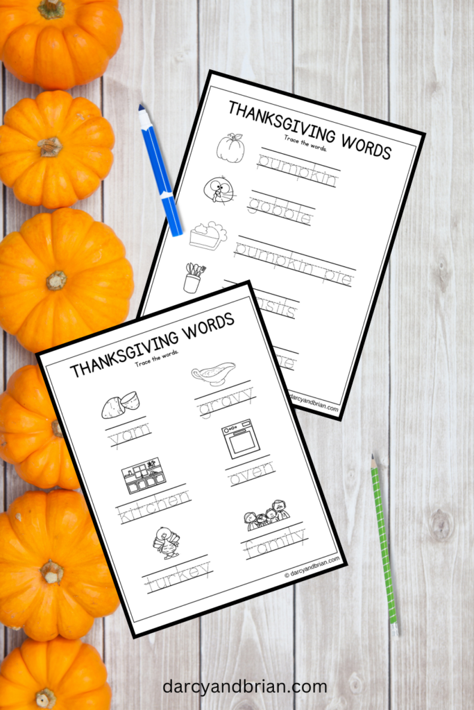 preview of two pages of handwriting practice worksheets with Thanksgiving words.