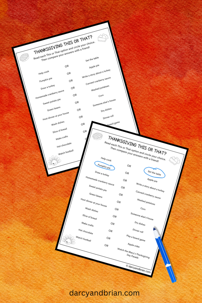 Mockup with Thanksgiving worksheet showing with a couple answers circled in blue and a page without any answered. Blue marker overlapping page. 