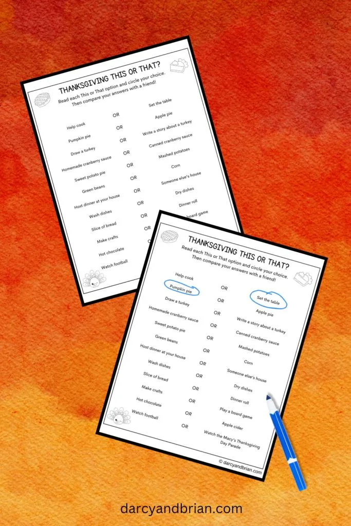 Mockup with Thanksgiving worksheet showing with a couple answers circled in blue and a page without any answered. Blue marker overlapping page.