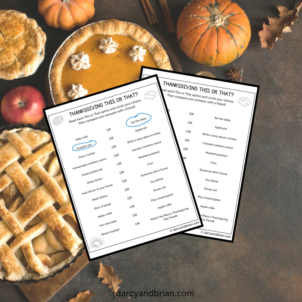 Digital preview of this or that Thanksgiving questions worksheet. One page has two answers circled. Pages are on a background image of pumpkins and pies.