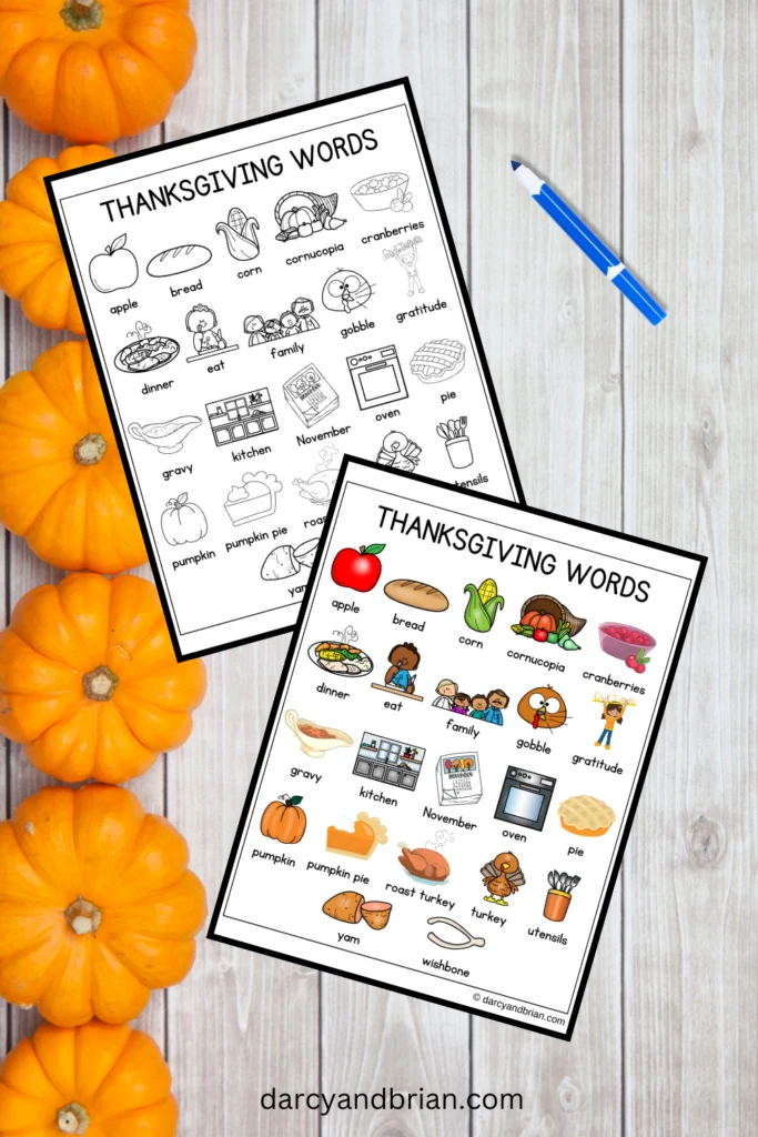 Mockup showing both the color version and black and white version of the Thanksgiving word bank.