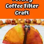 White text outlined with black on an orange background at the top says Turkey Coffee Filter Craft. Photo shows white woman's hand holding up a completed turkey made out of coffee filter and mini wooden spoon.