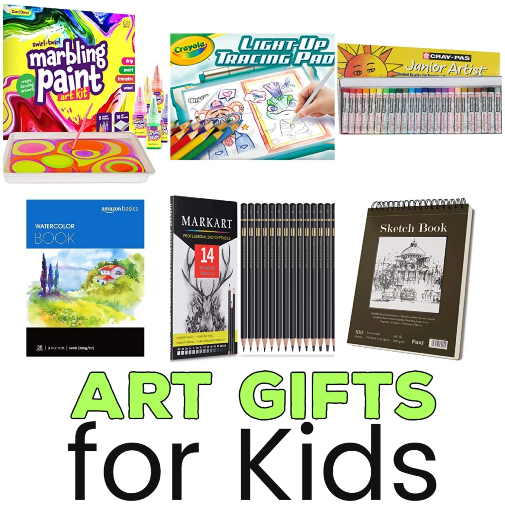 Square collage of six different art gift ideas for kids such as sketchbooks, paint, and other supplies.