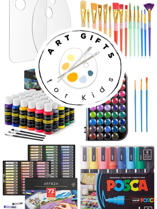 Collage of art supplies that can be given as gifts to kids.
