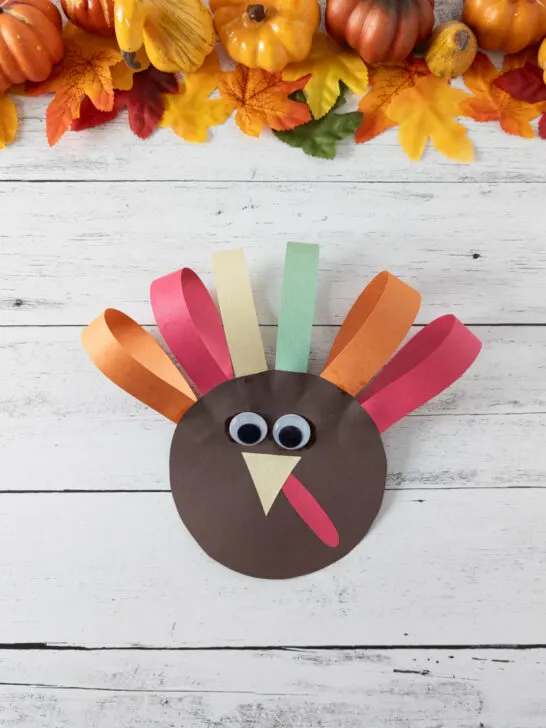 Finished paper turkey craft with colorful paper loops for feathers.