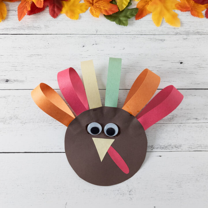 Finished paper turkey craft with colorful paper loops for feathers.