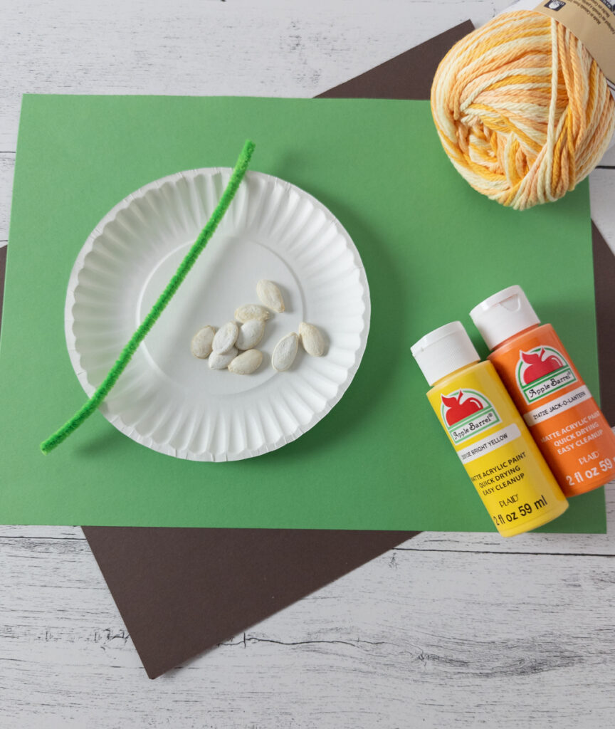 Green and brown paper, small paper plate, green chenille stem, pumpkin seeds, yarn, and paint in yellow and orange. All supplies for making a parts of a pumpkin craft project.