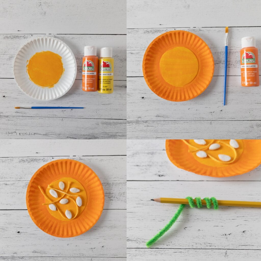 Collage of four photos showing different steps of the parts of a pumpkin craft. Painting the center of the plate, painting the rest of the plate, adding seeds and yarn, and curling a pipe cleaner vine.