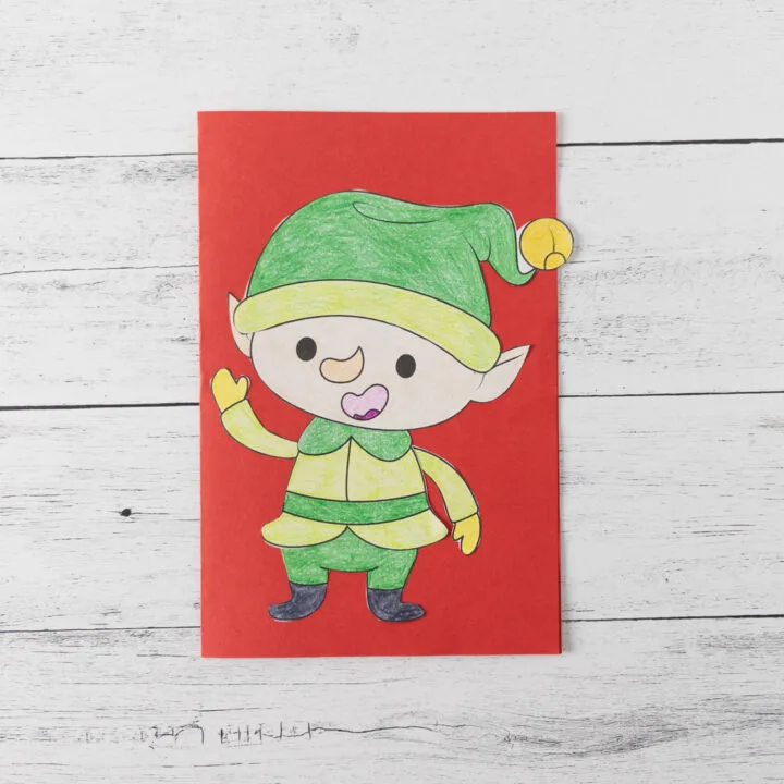 Completed printable elf craft made into a Christmas card.