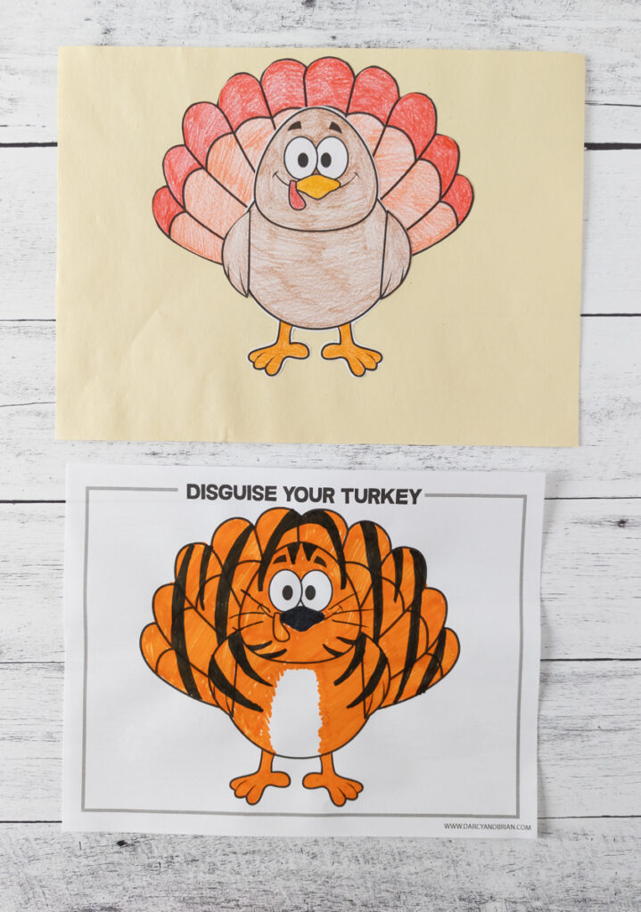 Completed printable turkey craft and completed disguise a turkey coloring page.