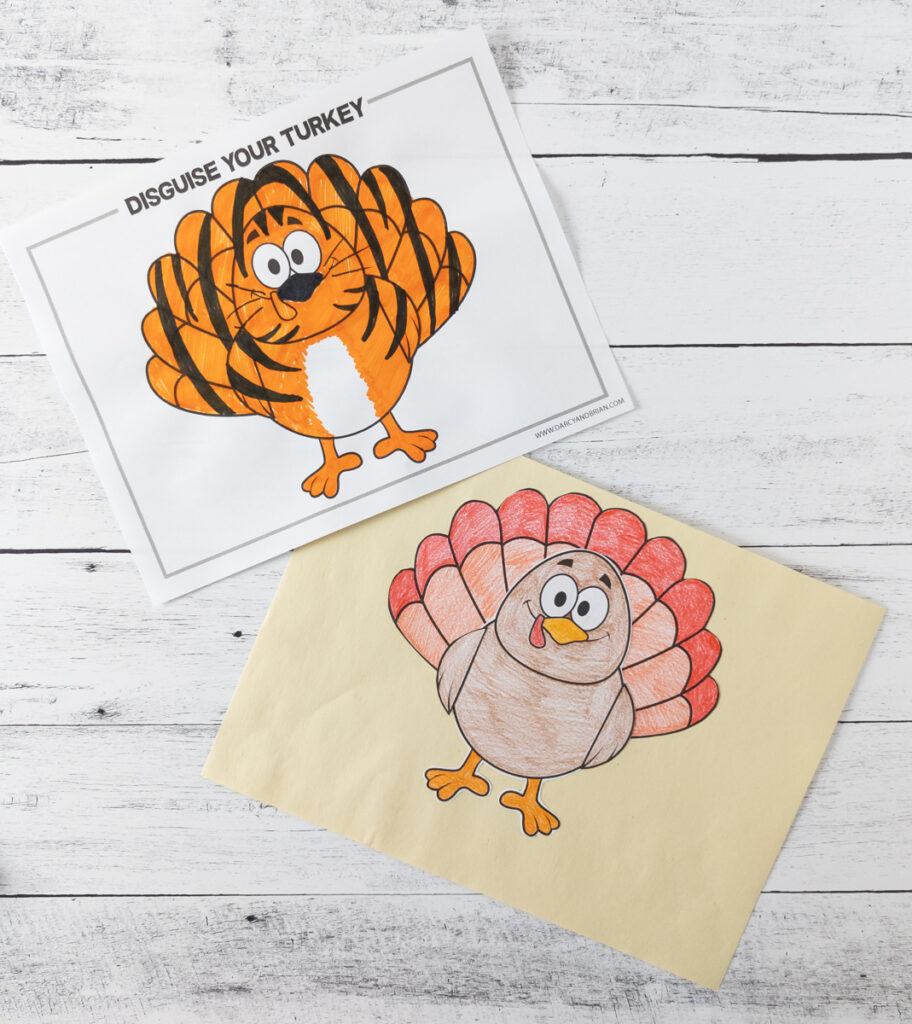 One page has a turkey colored in to look like a tiger as a disguise. The other page has the turkey cut out craft colored in and glued to construction paper.
