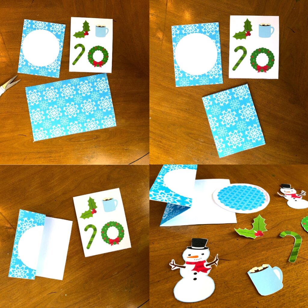 Spinning snowman craft collage showing the steps of assembling and folding the card base.