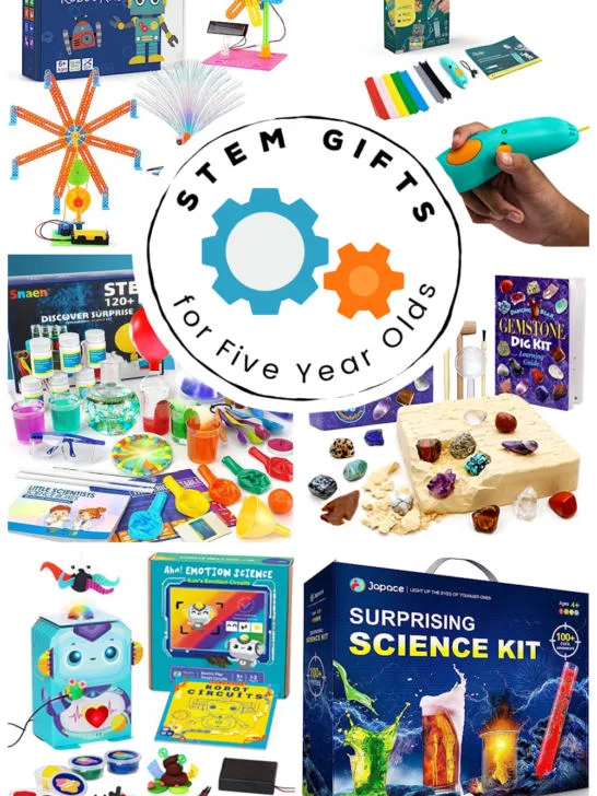 Collage image of a variety of science kits and STEM toys for a gift guide for 5 year old children.