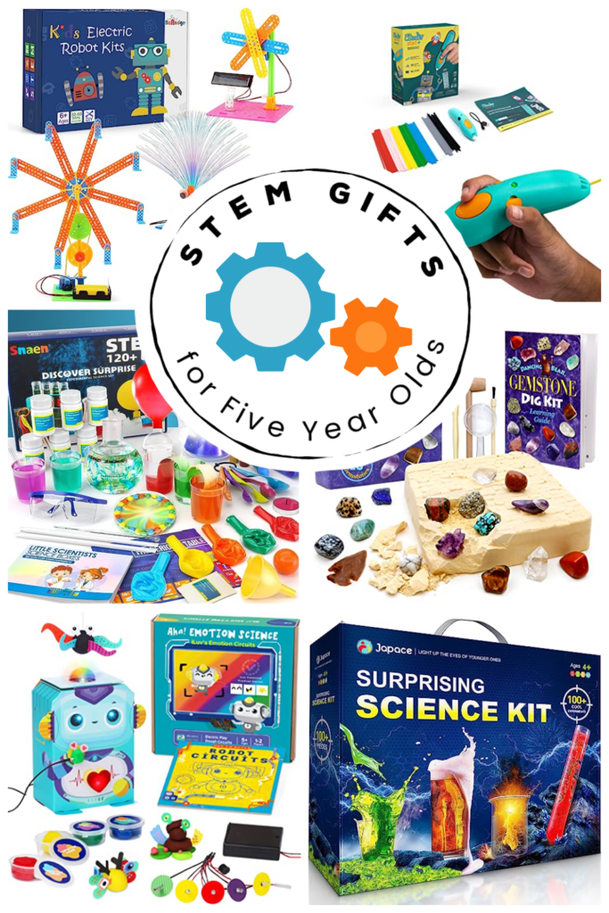 Collage image of a variety of science kits and STEM toys for a gift guide for 5 year old children.