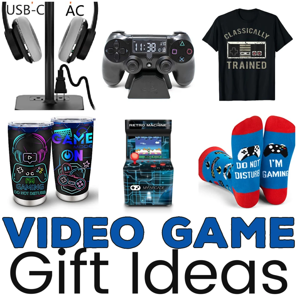 Square image collage of gaming apparel and accessories.