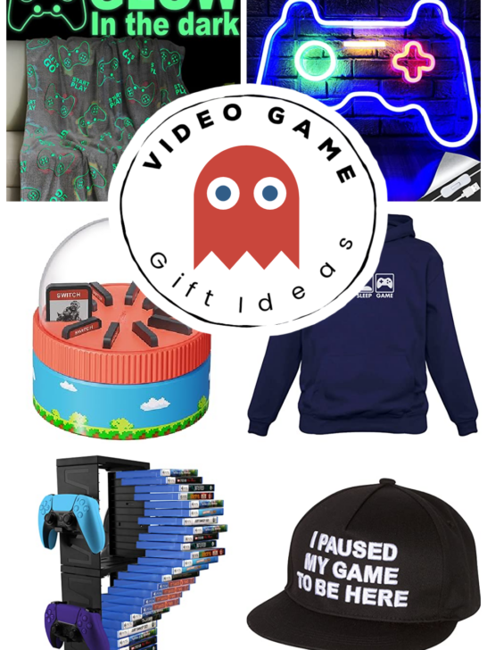 Collage of six different video game themed items that make great gifts.