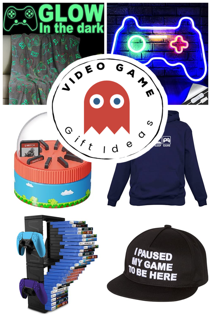 Collage of six different video game themed items that make great gifts.