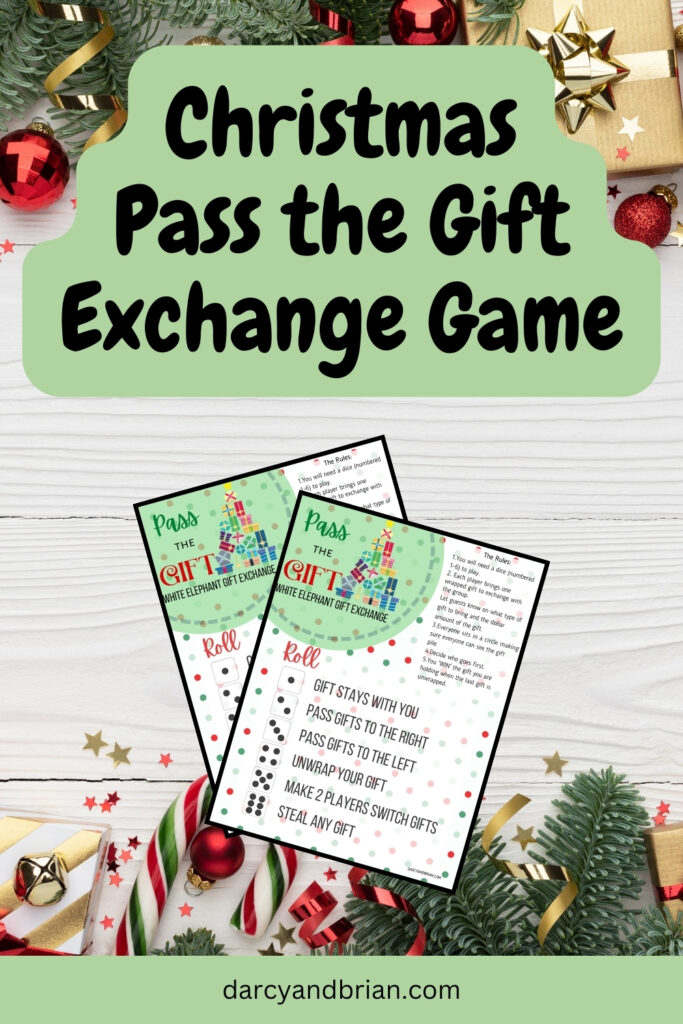 Black text on light green near top says Christmas Pass the Gift Exchange Game. Preview of game sheet on a background with wrapped holiday gifts.