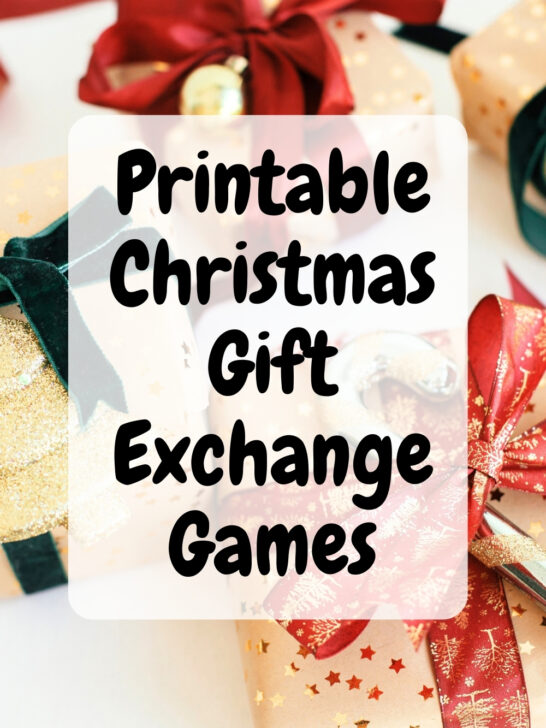 Black text on a semi-transparent white rectangle that says Printable Christmas Gift Exchange Games. The background has several wrapped presents.