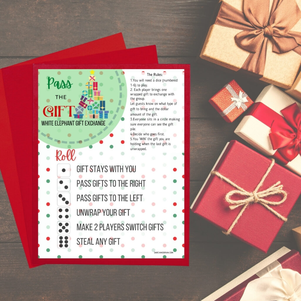 Digital mockup of Christmas pass gift game on red paper on a background with presents.
