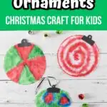 White text on a green background at the top says Coffee Filter Ornaments Christmas Craft for Kids. Three coffee filters decorated to look like classic Christmas ornaments.