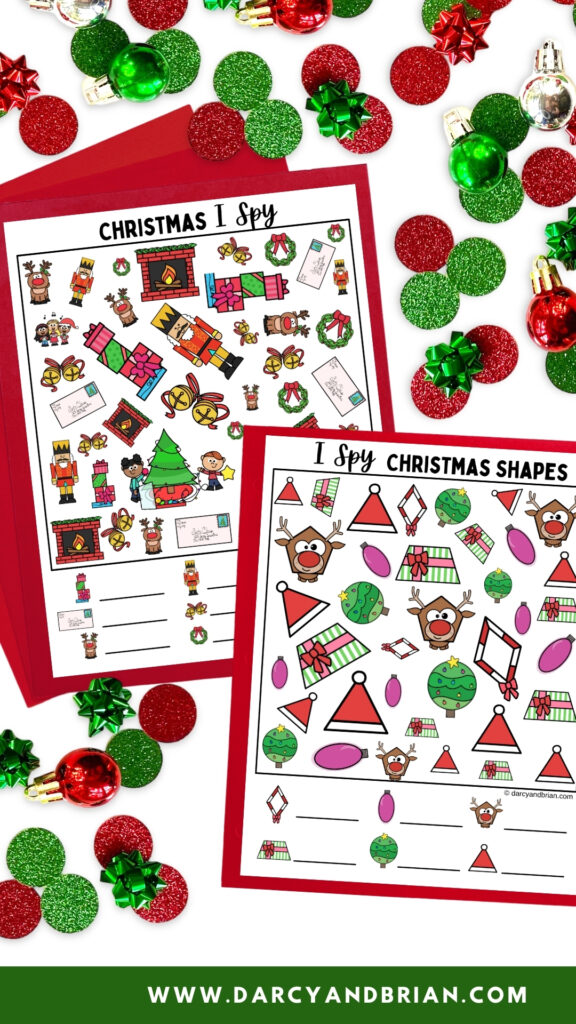 Mockup of the full color Christmas I Spy printable worksheets laying on red paper. Green and red circle confetti around the pages.