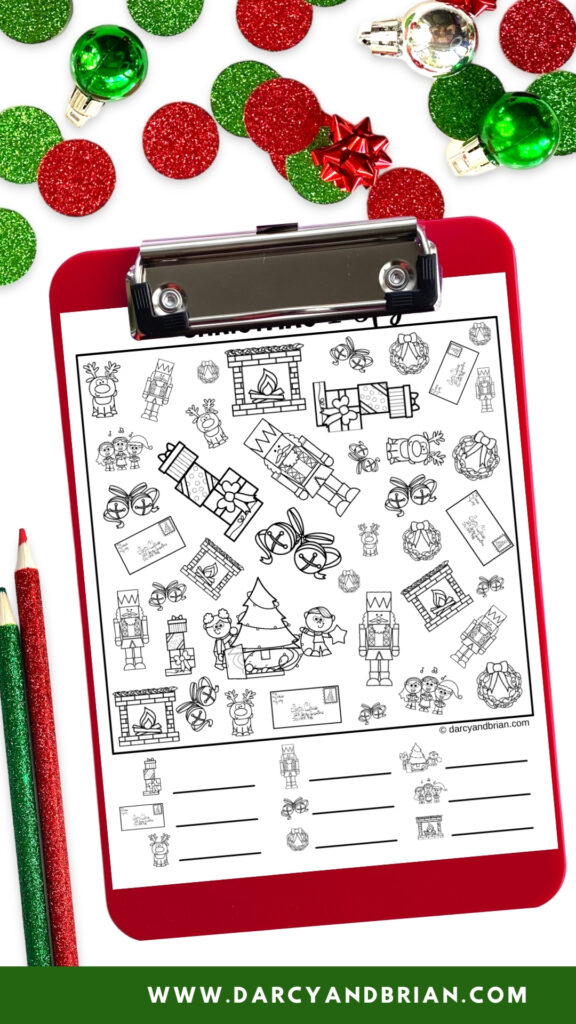 Holiday-themed mockup of black and white Christmas I Spy version on a red clipboard.