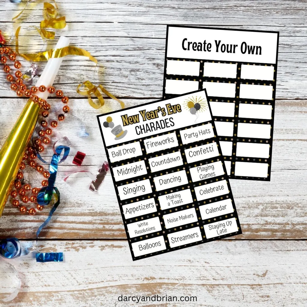 New Year's Eve themed charades printable page on a background with noise maker and streamers.
