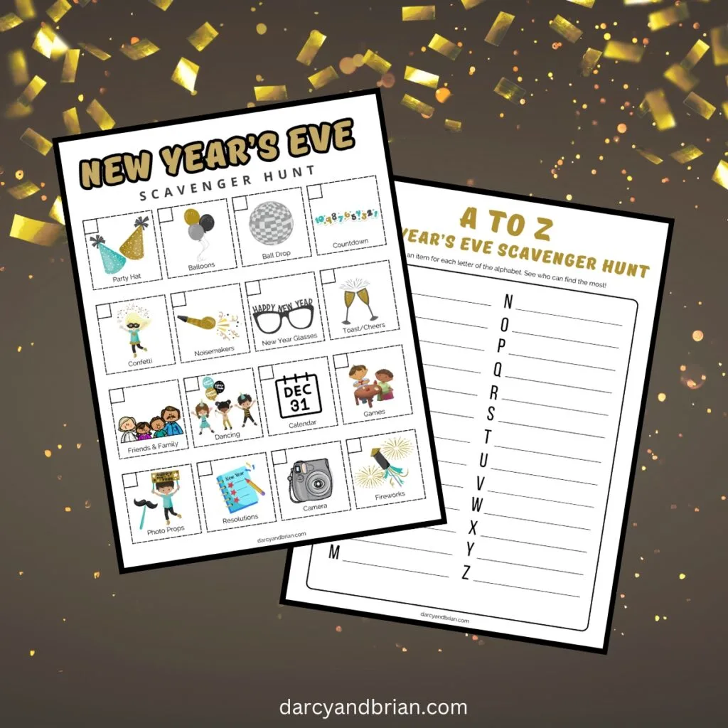 Digital mockup of both New Year's Eve themed scavenger hunt pages overlapping each other on a dark background with gold confetti.
