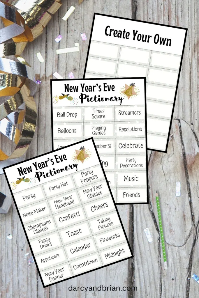 Mock up of all three pages of printable New Year's Pictionary word cards.