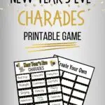 Black and gold text at the top says New Year's Eve Charades Printable Game. Preview of both pages overlapping each other.