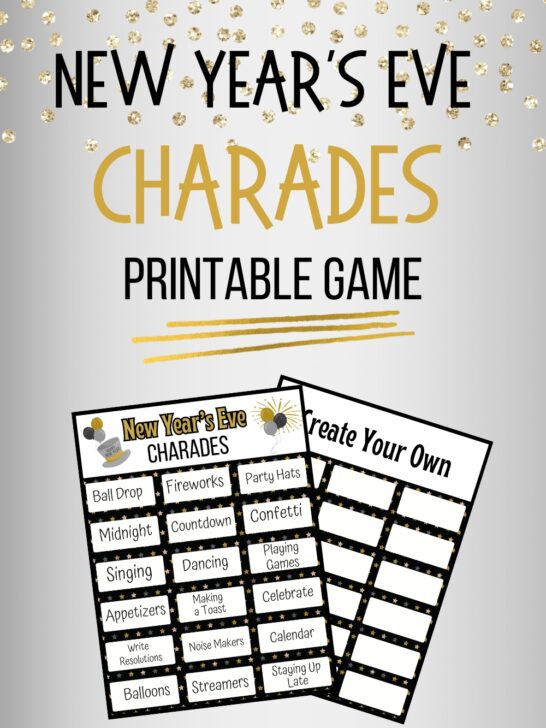 Black and gold text at the top says New Year's Eve Charades Printable Game. Preview of both pages overlapping each other.