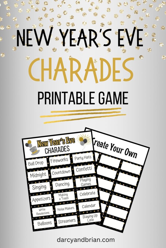 Black and gold text at the top says New Year's Eve Charades Printable Game. Preview of both pages overlapping each other.