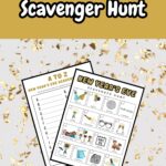 White text on gold yellow background at top says New Year's Eve Scavenger Hunt. Image has preview of printable worksheets.