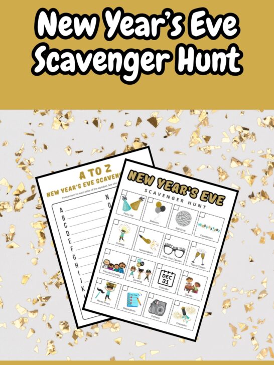White text on gold yellow background at top says New Year's Eve Scavenger Hunt. Image has preview of printable worksheets.