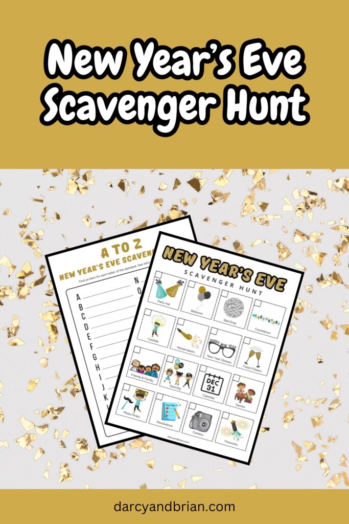 White text on gold yellow background at top says New Year's Eve Scavenger Hunt. Image has preview of printable worksheets.