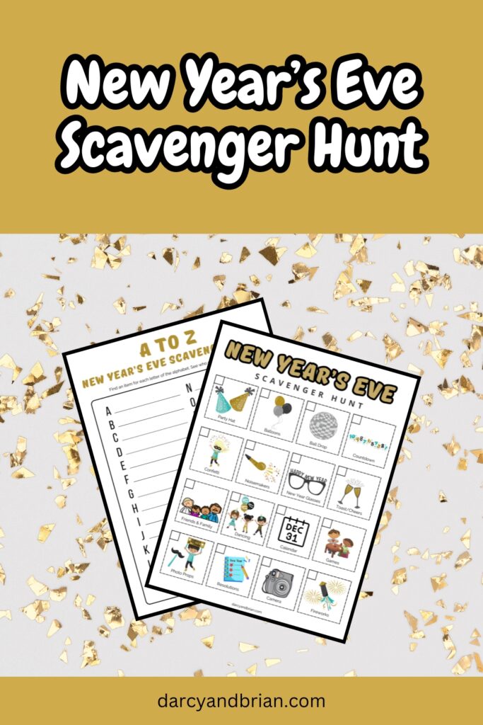 White text on gold yellow background at top says New Year's Eve Scavenger Hunt. Image has preview of printable worksheets.