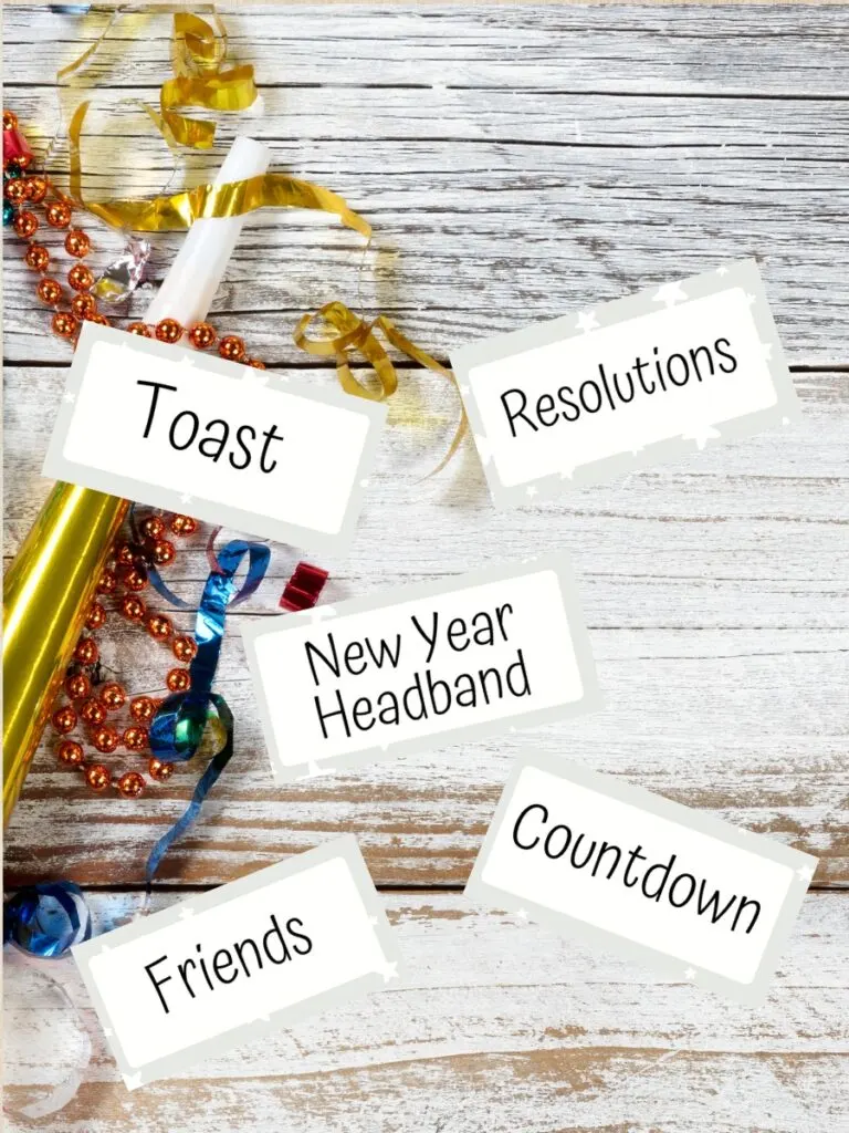 Digital mockup of five word cards on a background with streamers and party horns. Cards say toast, resolutions, New Year headband, friends, and countdown.