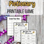 Preview of printable New Year's Eve Pictionary game with text title above the mockups.