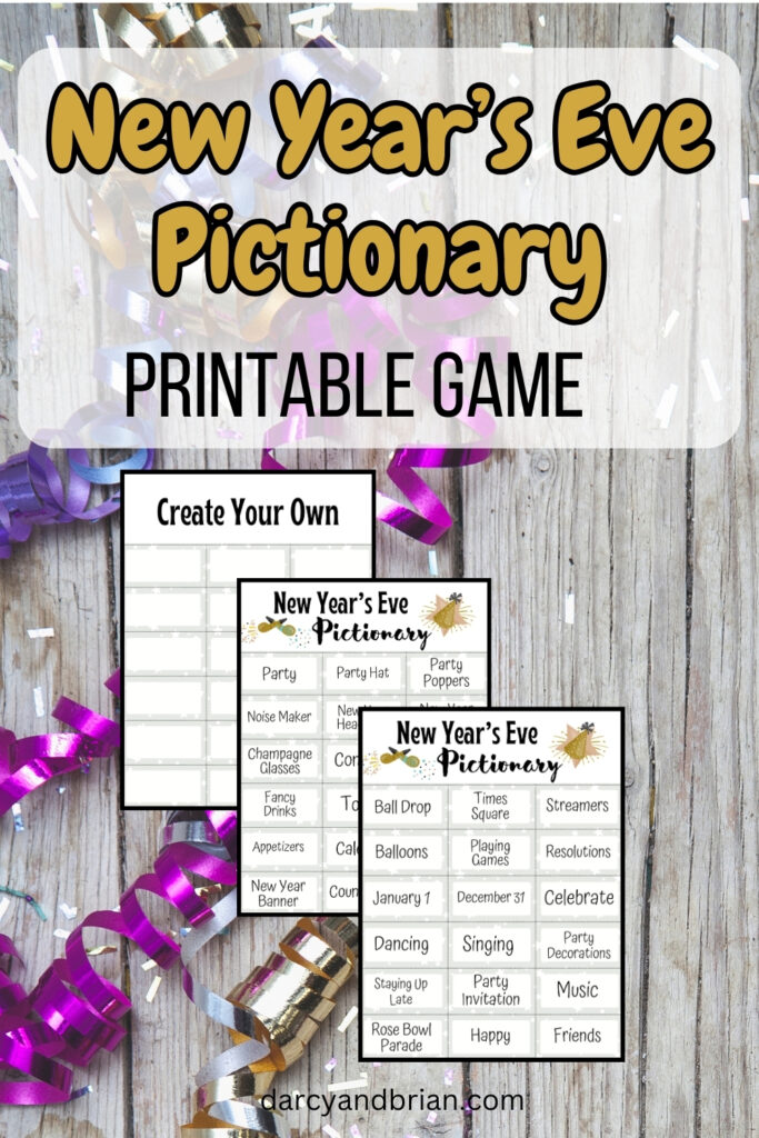 Preview of printable New Year's Eve Pictionary game with text title above the mockups.