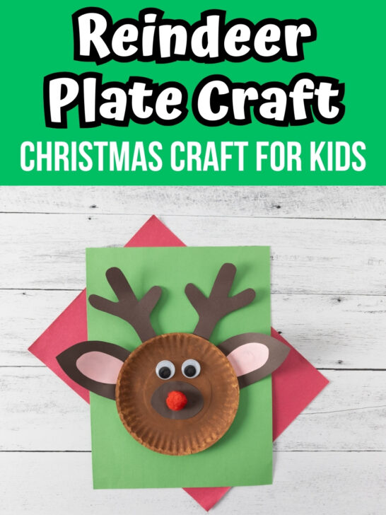 White text on green at the top says Reindeer Plate Craft Christmas Craft for Kids. Photo of completed reindeer made out of a paper plate laying on top of red and green construction paper.